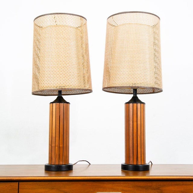 Brown 1960s Mid Century Modern Lamp Set Table Light Lighting Gruvwood Walnut Cane Shade Pair For Sale - Image 8 of 11