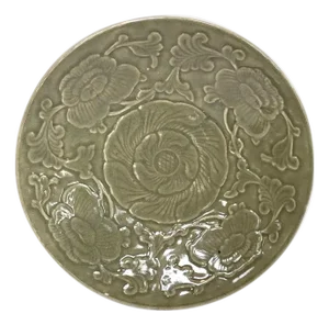 Chinese Qing Yaozhou Celadon Pottery Floral Molded Plate