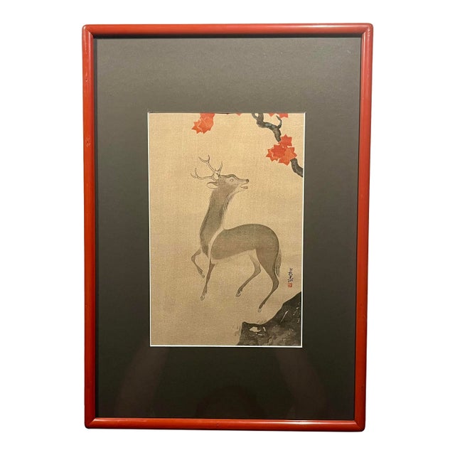 1914 Japanese Woodblock Print "A Deer Under a Maple Tree" After Ogata Korin For Sale