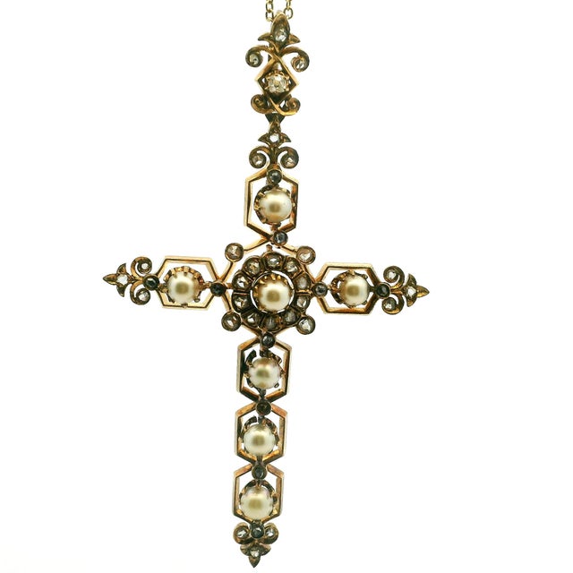 Victorian 14k Rose Gold Pearl & Old Mine Diamond Cross Pendant, C. 1890 For Sale - Image 12 of 13