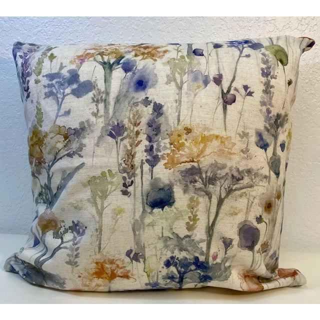 20” Square Pillow With a Blue & Gold Watercolor-Like Floral Print - Made in U K For Sale - Image 11 of 11