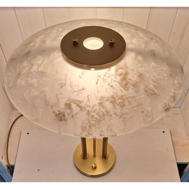 1980s Dimmable Brass-Colored Metal Table Lamp with Glass Shade from TZ-Leuchten, 1980s For Sale - Image 5 of 8