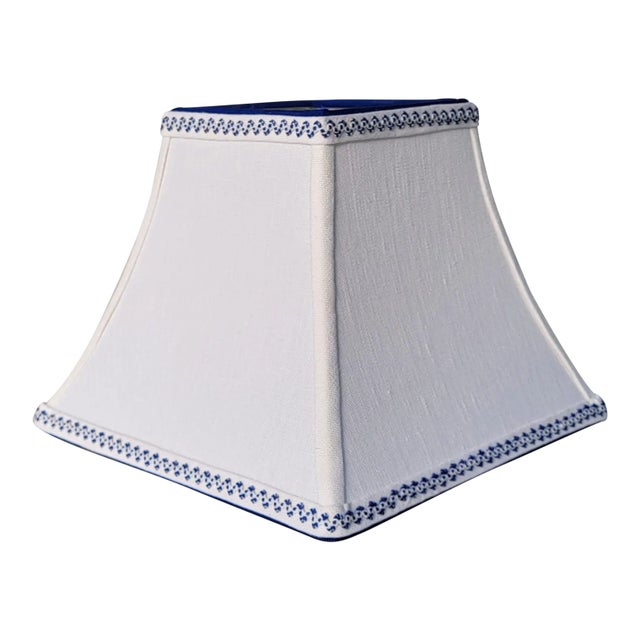 Contemporary Small White Linen Lampshade Clip on Blue Trim Square Bell For Sale