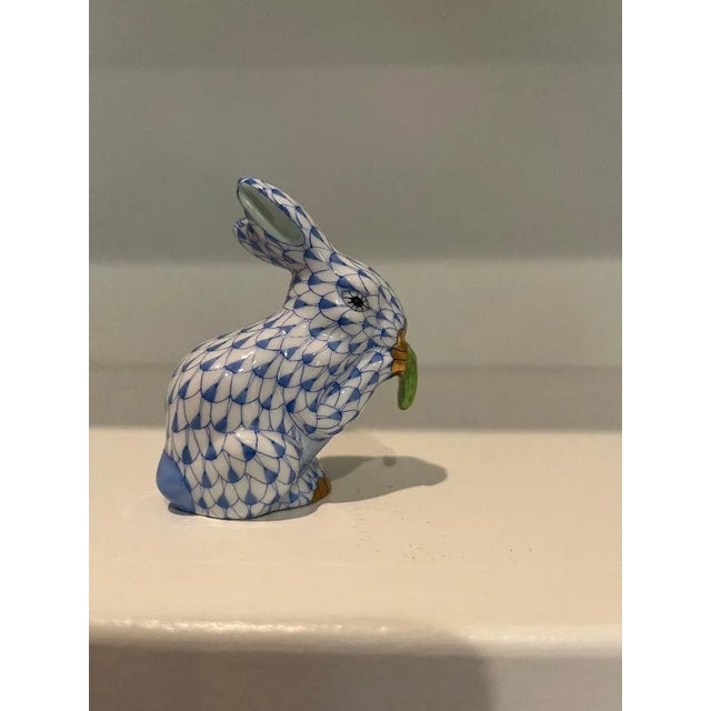 Traditional Herend Blue Fishnet "Rabbit With Carrot Leaves" Figurine For Sale - Image 3 of 9