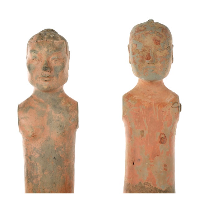 Chinese Pair of Chinese Han Tall Slender Terracotta Figures For Sale - Image 3 of 9