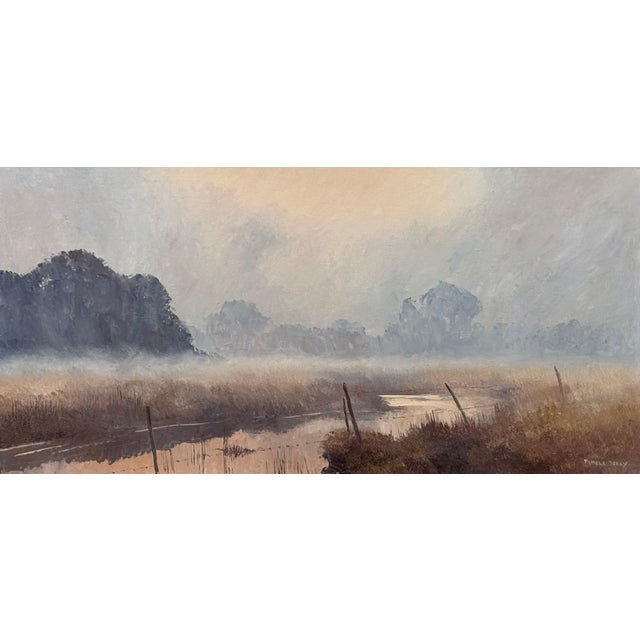 A serene river landscape at dawn with misty trees and soft, warm morning light 1987 Circa For Sale - Image 12 of 18