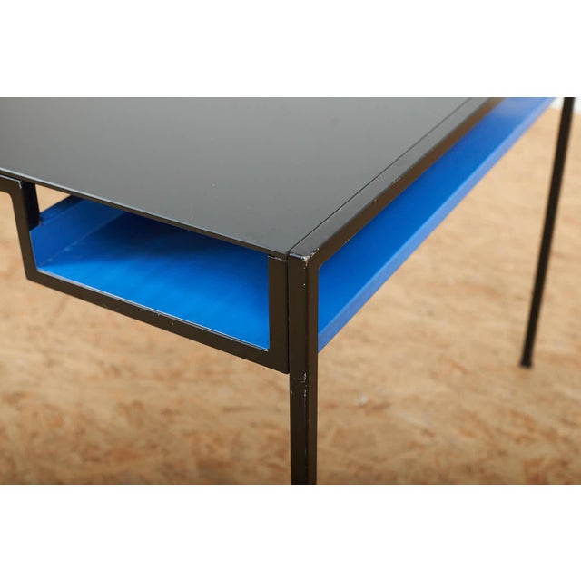 Coffee Table in Black Lacquered Metal Square Tube and Glass Top with Blue Metal Shelf For Sale - Image 4 of 11