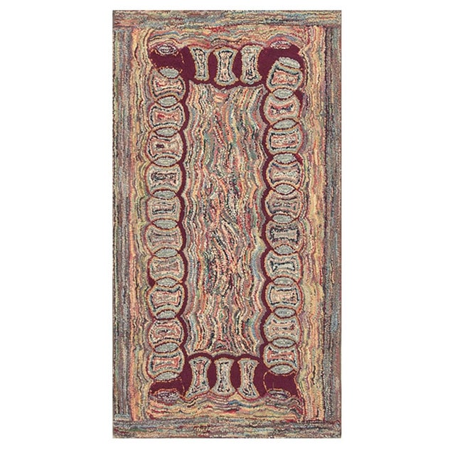 Textile 1880s Small Multicolor Geometric Folk Art Antique American Knotted Wool Hooked Rug For Sale - Image 7 of 7