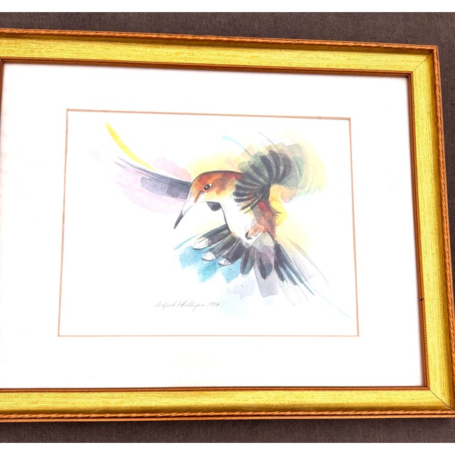 Wood 1990s Original Framed Watercolors of Hummingbirds Signed, a Pair For Sale - Image 7 of 12
