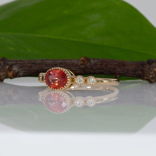 Metal Padparadscha Sapphire Ring With Natural Diamond Accents: Solid 14k Gold, Size 6.75 For Sale - Image 7 of 10