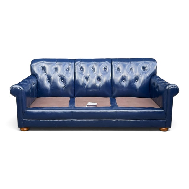 1960s Hollywood Regency Navy Blue Button-Tufted Leather Sofa For Sale - Image 10 of 13
