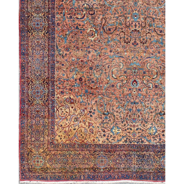 Tribal Classic Colorful Antique Large Lavar Kerman Rug in Salmon Background For Sale - Image 3 of 13