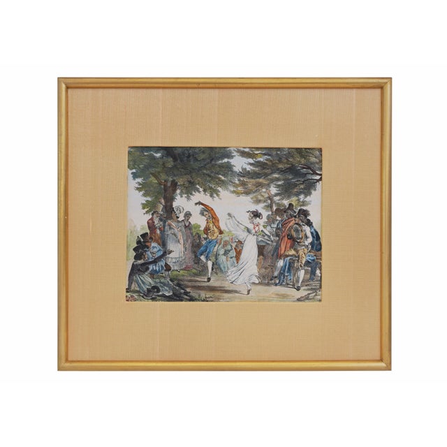 Antique Italian Lithograph Hand-Colored Set of 4 Traditional Dances & Games Silk Mats Gilt Frames For Sale - Image 11 of 16