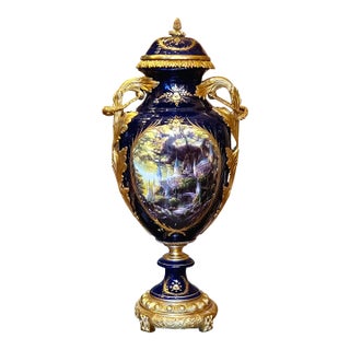 French Porcelain Vase – Dark Blue Romantic Landscape With Gold Leaf & Bronze Details For Sale