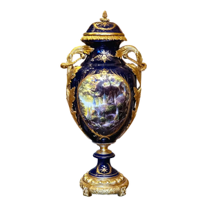 French Porcelain Vase – Dark Blue Romantic Landscape With Gold Leaf & Bronze Details