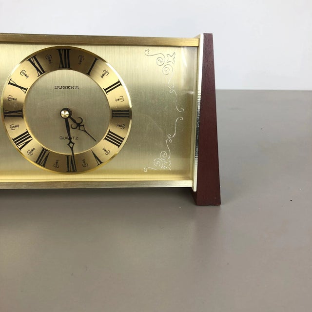 1960s Vintage Modernist Wooden Teak Brass Table Clock from Dugena, Germany, 1960s For Sale - Image 5 of 16