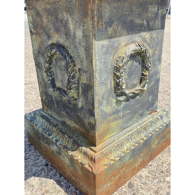 Green Vintage Neoclassical Cast Iron Wreath Garden Urn Planter Pedestal Base - Pair For Sale - Image 8 of 12
