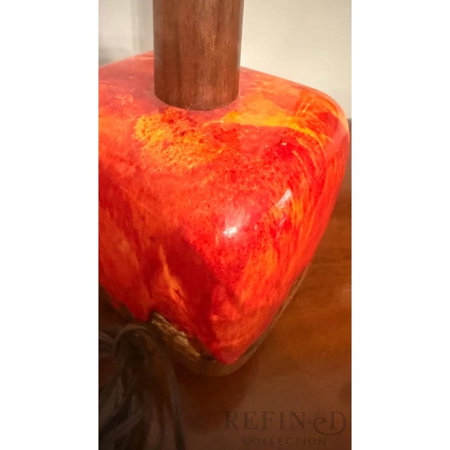 Pair of Mid-Century Modern Lava Glaze Ceramic Table Lamps Attributed to Poole Pottery, Walnut Necks, 26” H, Circa 1960s–1970s For Sale - Image 11 of 16
