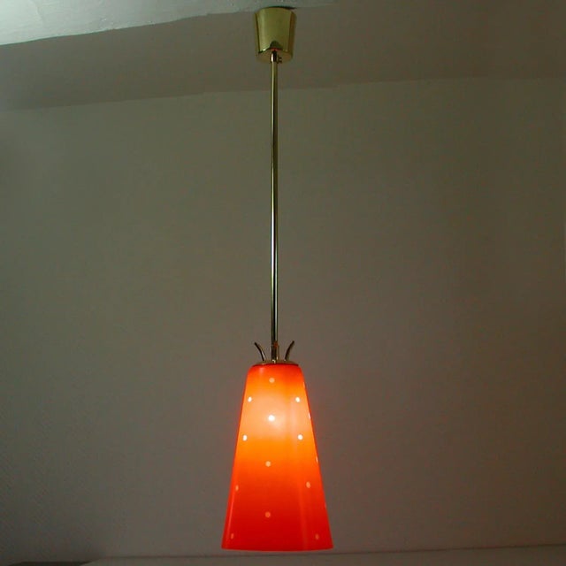 Metal Mid-Century Scandinavian Red Glass and Brass Pendant, 1950s For Sale - Image 7 of 9