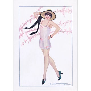 1927 Art Deco Print-Semi-Nude Flirtacious Lady For Sale