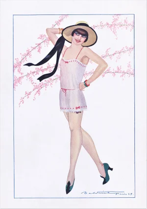 1927 Art Deco Print-Semi-Nude Flirtacious Lady