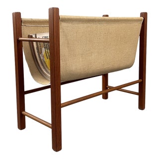 Minimalist Geometric Teak Magazine Rack with Linen Loop, Denmark, 1960s For Sale