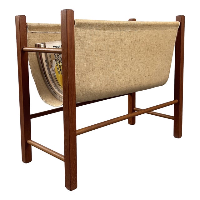 Minimalist Geometric Teak Magazine Rack with Linen Loop, Denmark, 1960s For Sale