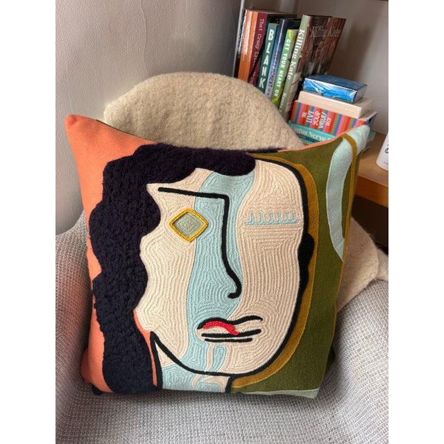 Textile Global Views Veronica Pillow Hand Embroidered Abstract Portrait For Sale - Image 7 of 11