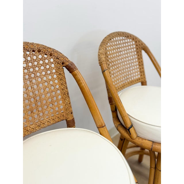 Vintage Coastal Hollywood Regency Caned Rattan Swivel Barstools Counter Height For Sale - Image 4 of 13