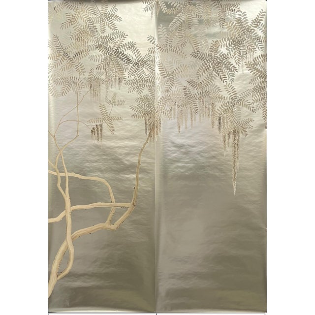 Chinoiserie Silver Leaf Chinoiserie Hand-Painted Wisteria Wall Panels (Set of 3) For Sale - Image 3 of 6