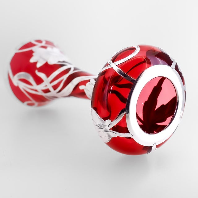 Early 20th Century Antique Art Nouveau Cranberry Glass & Silver Overlay Vase For Sale - Image 5 of 13