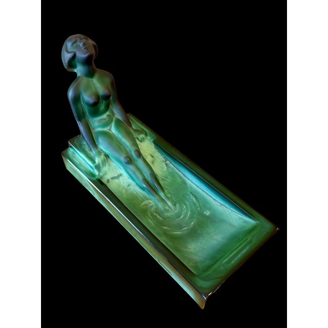 Art Deco Malachite Glass Figural Nude Ashtray Fabulous antique rich green glass ashtray has white swirled throughout to...