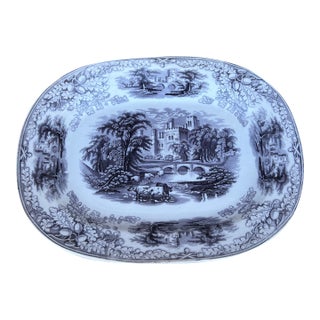 Antique English Staffordshire Mulberry Transfer Decorated Platter “Haddon”, Circa 1840s For Sale