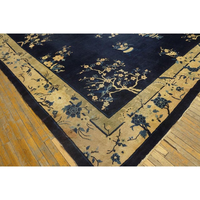 Textile 1920s Large Oversized Big Antique Chinese Peking Birds Vase Floral Wool Rug For Sale - Image 7 of 9