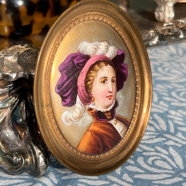 19th Century Hand painted miniature portrait on porcelain with gold-tone frame // original antique art // portrait of a female // collectible artwork For Sale - Image 5 of 10