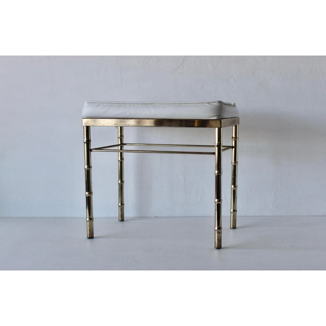 George Koch Style Faux Bamboo Brass Rectangular Padded White Vinyl Seat Vanity Stool Bench Vintage Hollywood Regency For Sale In Miami - Image 6 of 17