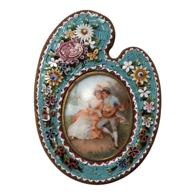 Antique Micro Mosaic Frame With Painted Lover's Scene For Sale