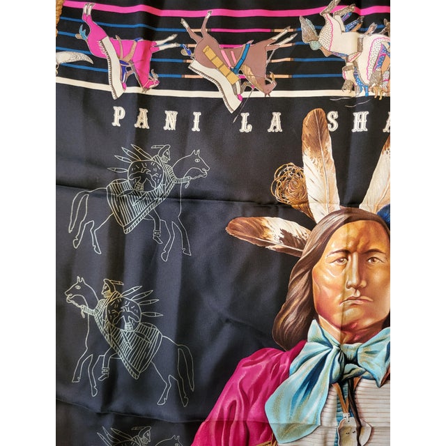 Hermes France Carre 90 Kermit Oliver Native Pani La Shar Pawnee Black Silk Scarf For Sale - Image 11 of 11