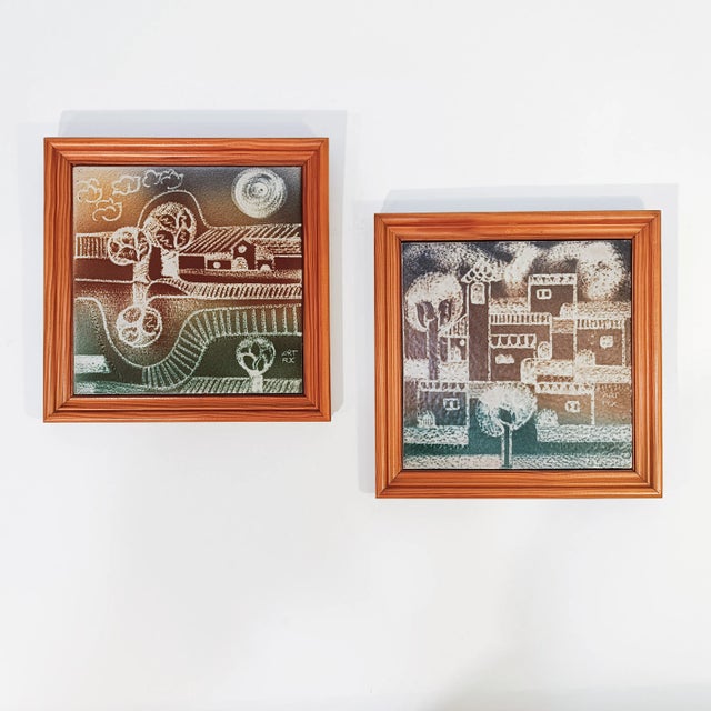 Pair of Spanish mural ceramics by Art Foc, 1970s. Set of 2 mural ceramics representing countryside and urban landscapes in...