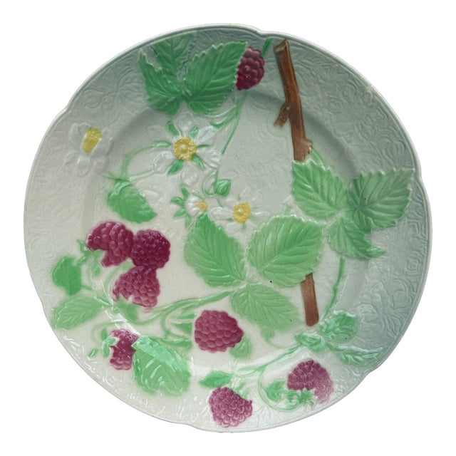 Majolica Raspberries Plate Keller & Guerin Saint Clement For Sale