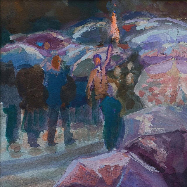 2010s Brussels Excursion, ca. 2011 by Naum Katsenelson | Watercolor on paper People with umbrellas in a city setting. For Sale - Image 5 of 5
