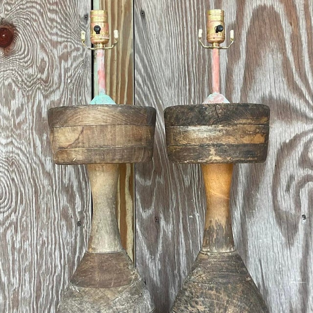 Vintage Rustic Sculptural Turned Wood Table Lamps, Pair For Sale - Image 14 of 14