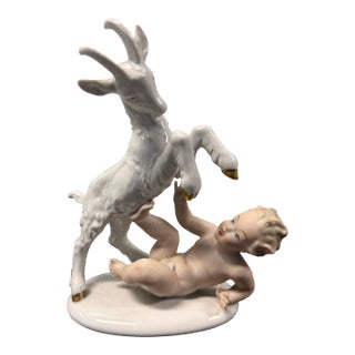 Vintage Wallendorf Germany Porcelain Cherub With Rearing Goat Figurine | Crown W 1764 For Sale