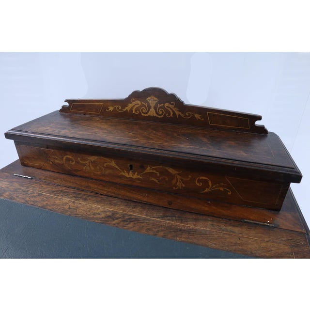 Victorian Mid 19th Century Beautiful Antique Rosewood Marquetry Writing Desk With Dual Flip Tops, Drawers & Wheels For Sale - Image 3 of 13
