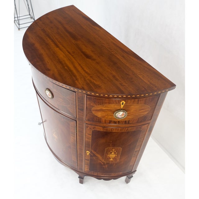 1920s Demilune Very Fine Inlaid Console Server Cabinet Porcelain Plaque Pulls Dresser For Sale - Image 5 of 12