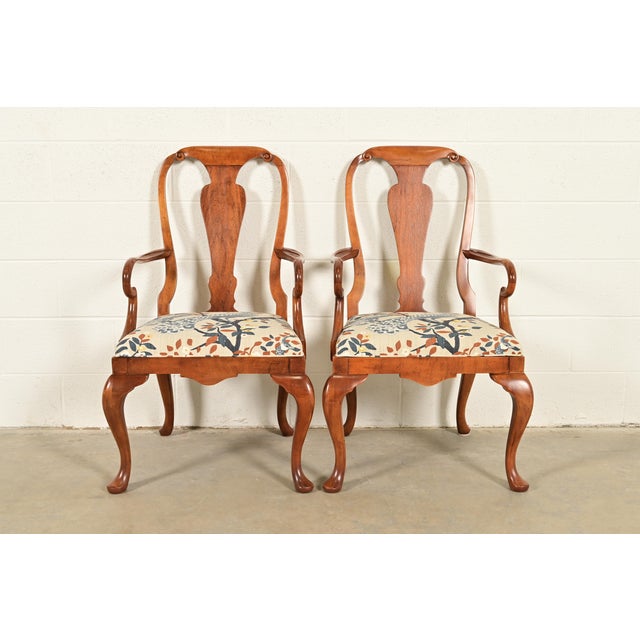 Baker Furniture Queen Anne Carved Walnut Armchairs or Dining Captain Chairs, Pair For Sale - Image 15 of 15