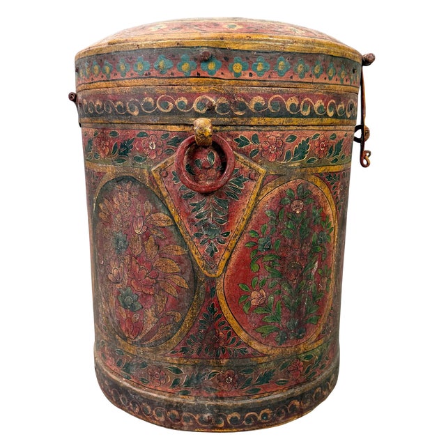 Antique Indonesian Handcrafted Metal Storage Vessel With Hand-Painted Floral Cartouches & Ornamental Hardware For Sale - Image 4 of 18