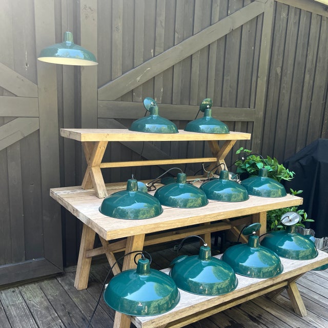 Metal Industrial-Style Enamel Barn Pendant Lights – Green & White-Set of 11 For Sale - Image 7 of 11