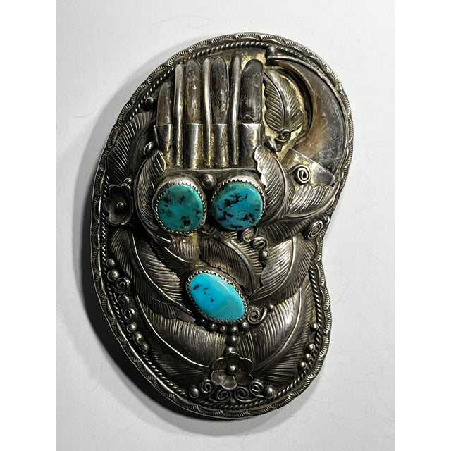 Vintage Native American, Claw Turquoise and Sterling Silver Belt Buckle For Sale - Image 10 of 10