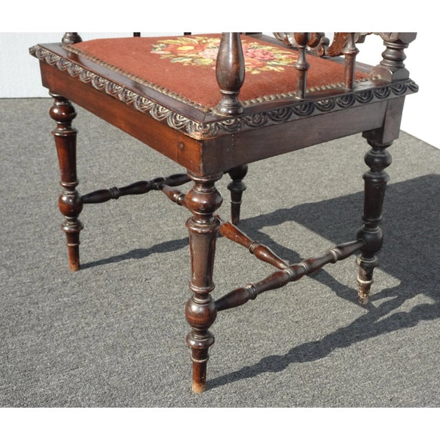 Vintage Spanish Style Highly Carved Throne Chair Needlepoint Floral Seat ~ Victorian For Sale - Image 12 of 13